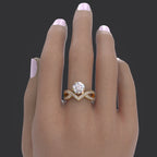 14k yellow gold round pave-set lab grown diamond engagement ring, detailed close-up showing fine craftsmanship