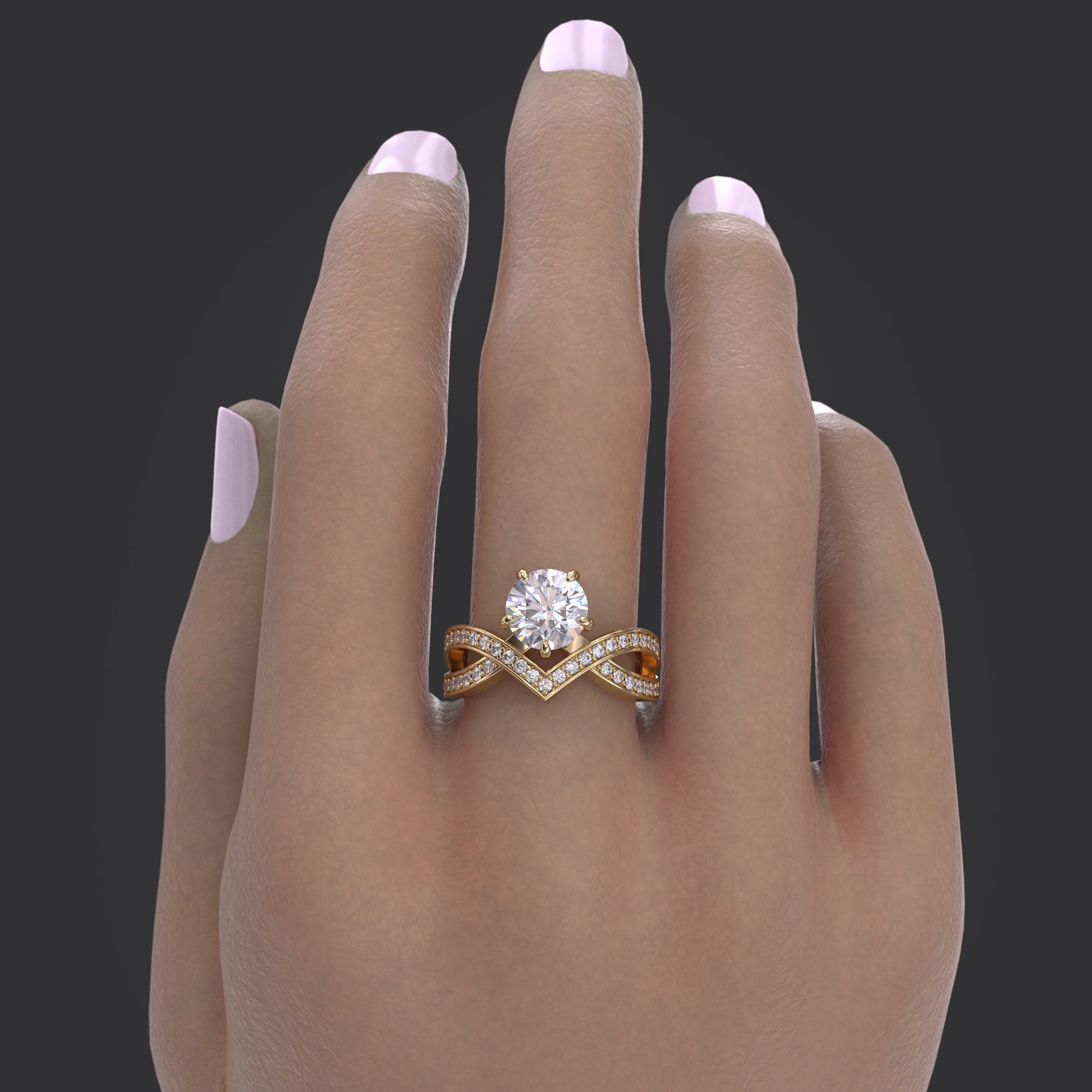 14k yellow gold round pave-set lab grown diamond engagement ring, detailed close-up showing fine craftsmanship