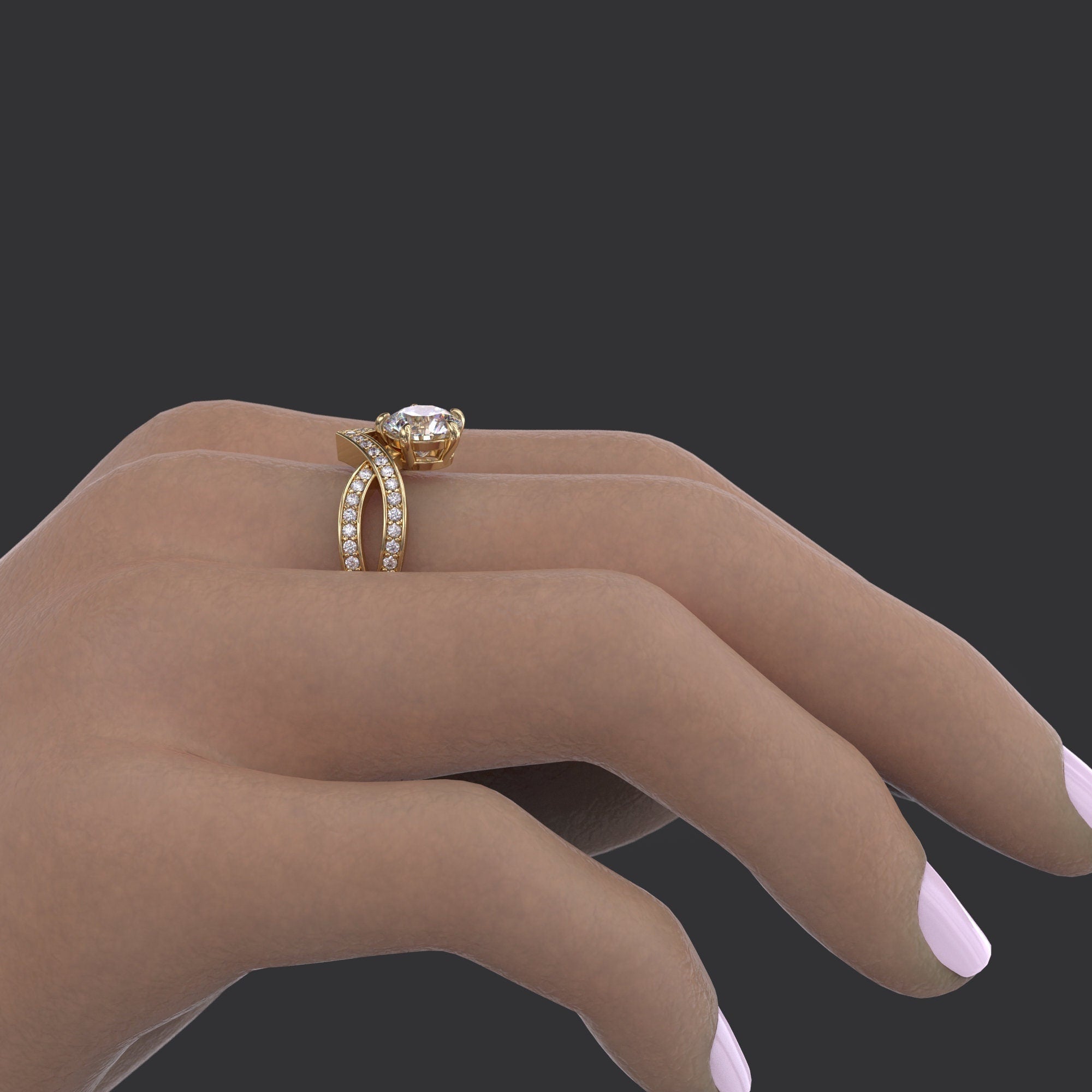 14k yellow gold round pave-set lab grown diamond engagement ring, side profile view showing fine craftsmanship