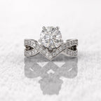 14k yellow gold round pave-set lab grown diamond engagement ring, styled on model showing fine craftsmanship