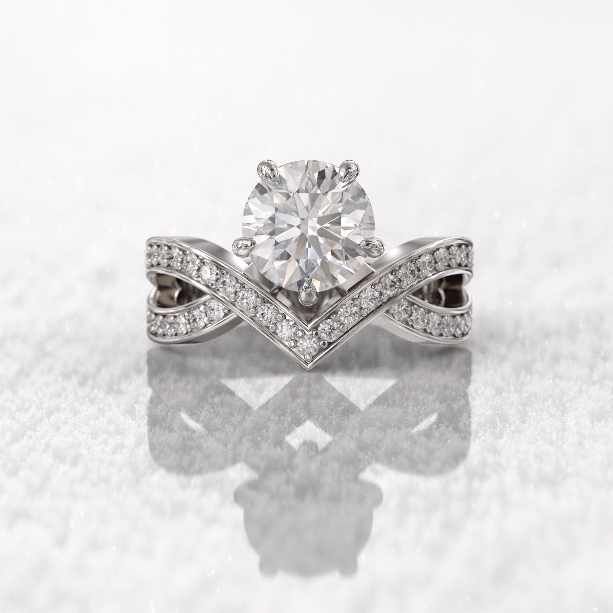 14k yellow gold round pave-set lab grown diamond engagement ring, styled on model showing fine craftsmanship