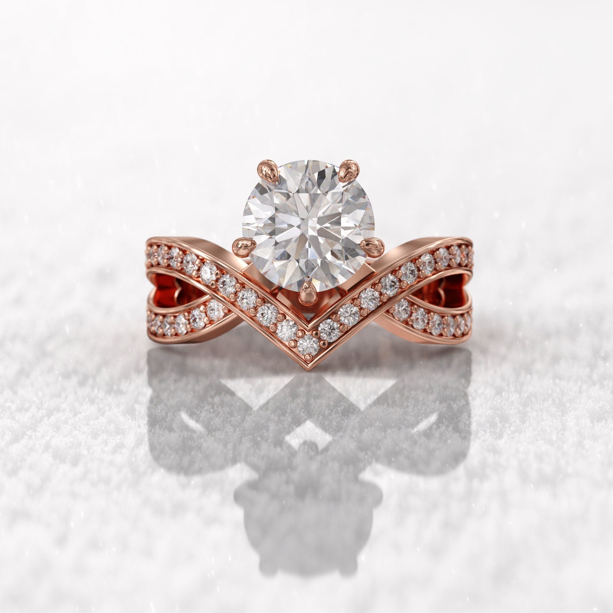 14k yellow gold round pave-set lab grown diamond engagement ring, top angle view showing fine craftsmanship
