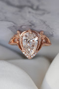 14k gold pear art nouveau lab grown diamond engagement ring, front view showing fine craftsmanship