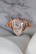 14k gold pear art nouveau lab grown diamond engagement ring, front view showing fine craftsmanship