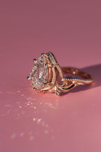 14k gold pear art nouveau lab grown diamond engagement ring, sparkle detail shot showing fine craftsmanship