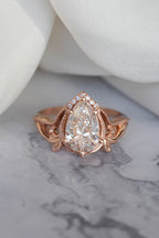 14k gold pear art nouveau lab grown diamond engagement ring, side profile view showing fine craftsmanship