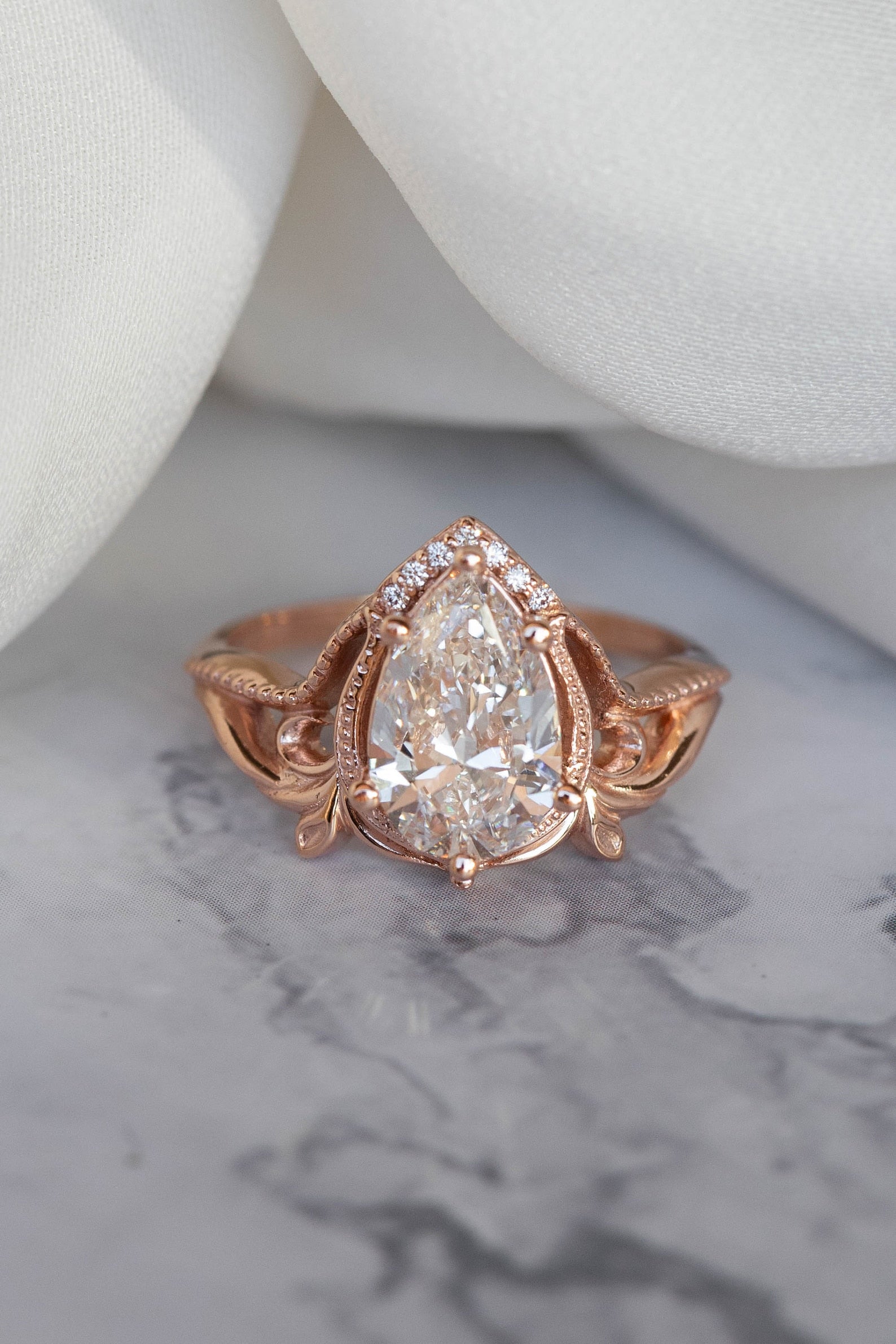 14k gold pear art nouveau lab grown diamond engagement ring, side profile view showing fine craftsmanship
