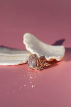 14k gold pear art nouveau lab grown diamond engagement ring, macro detail view showing fine craftsmanship