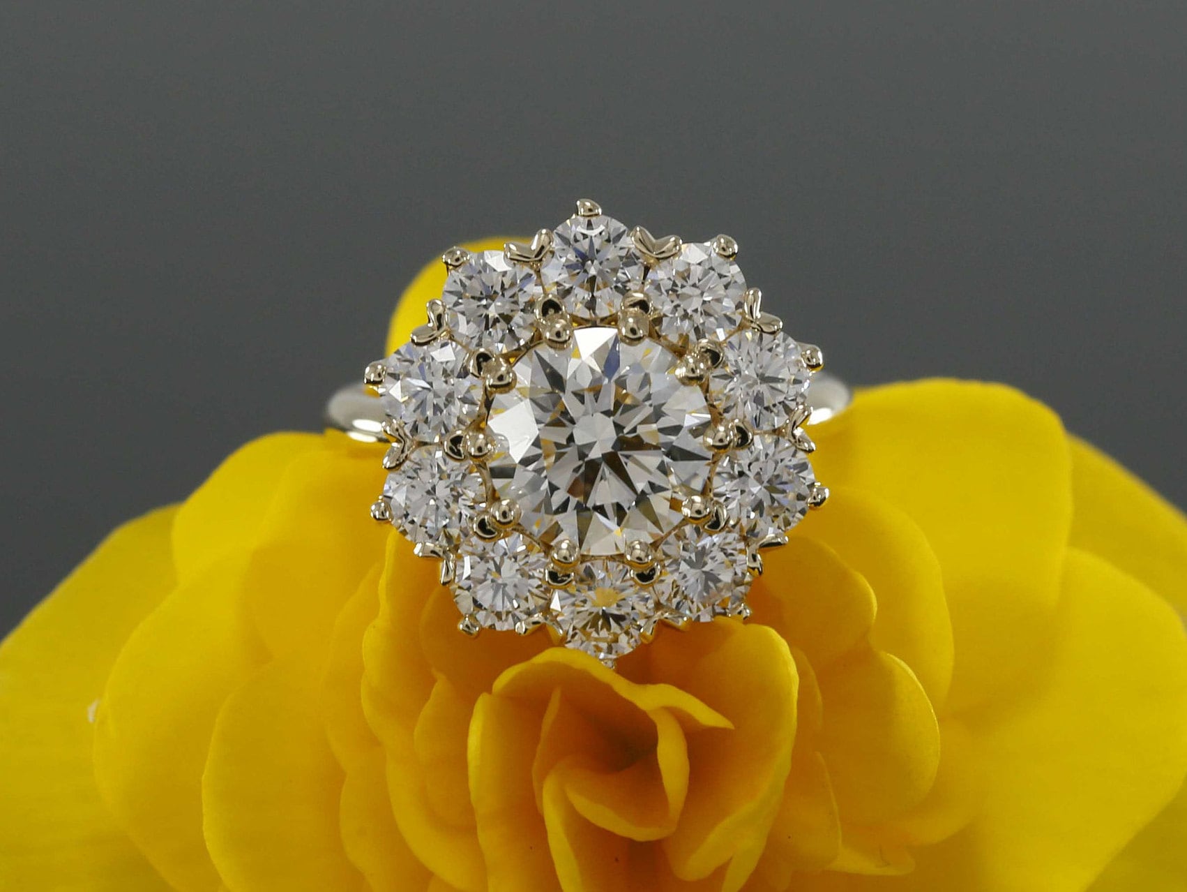 14k gold halo lab grown diamond engagement ring, front view showing fine craftsmanship