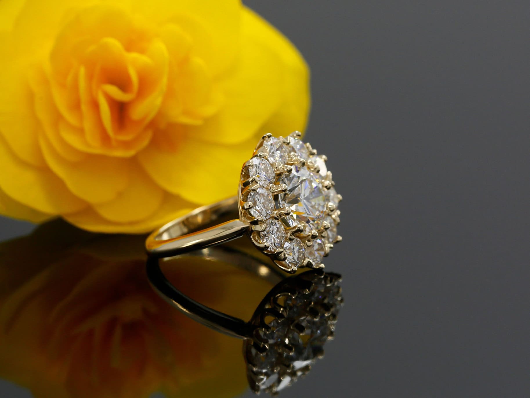 14k gold halo lab grown diamond engagement ring, side profile view showing fine craftsmanship