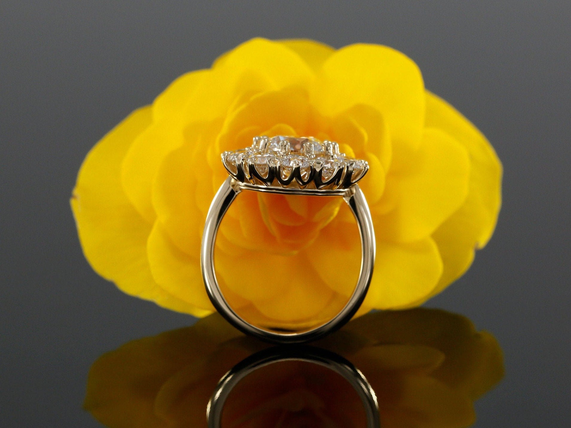 14k gold halo lab grown diamond engagement ring, styled on model showing fine craftsmanship
