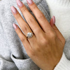 14k gold round three-stone lab grown diamond engagement ring, side profile view showing fine craftsmanship
