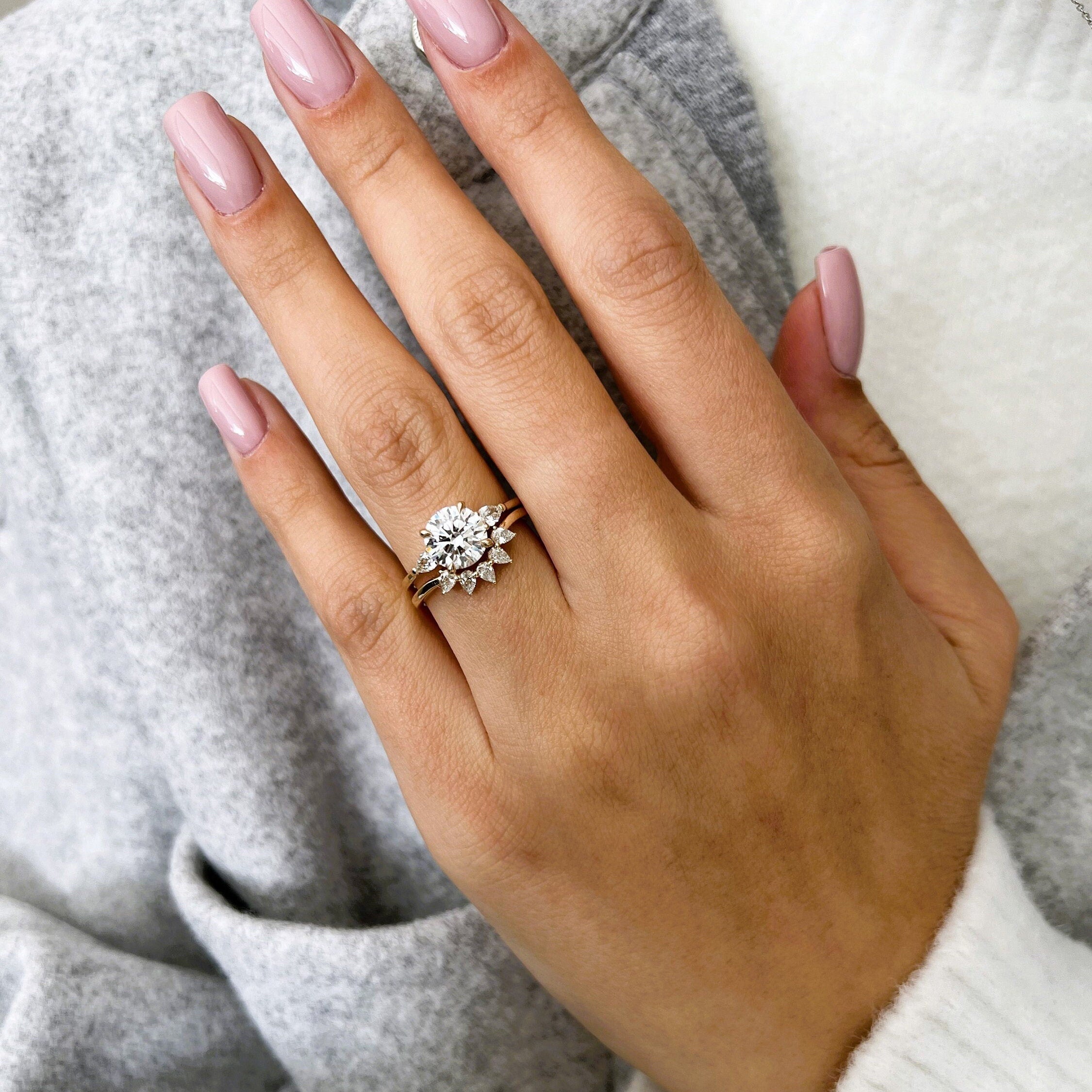 14k gold round three-stone lab grown diamond engagement ring, side profile view showing fine craftsmanship