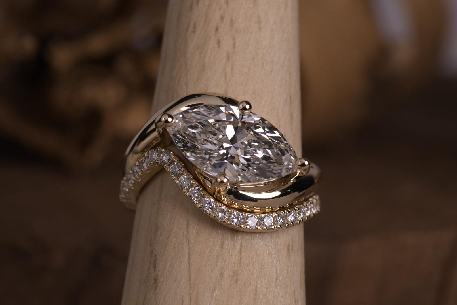 14k gold marquise bridal set lab grown diamond engagement ring, front view showing fine craftsmanship