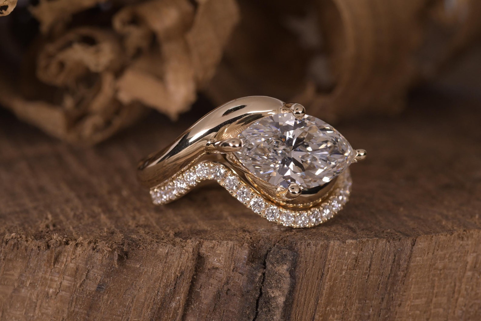 14k gold marquise bridal set lab grown diamond engagement ring, styled on model showing fine craftsmanship
