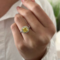 14k gold cushion halo lab grown diamond engagement ring, front view showing fine craftsmanship