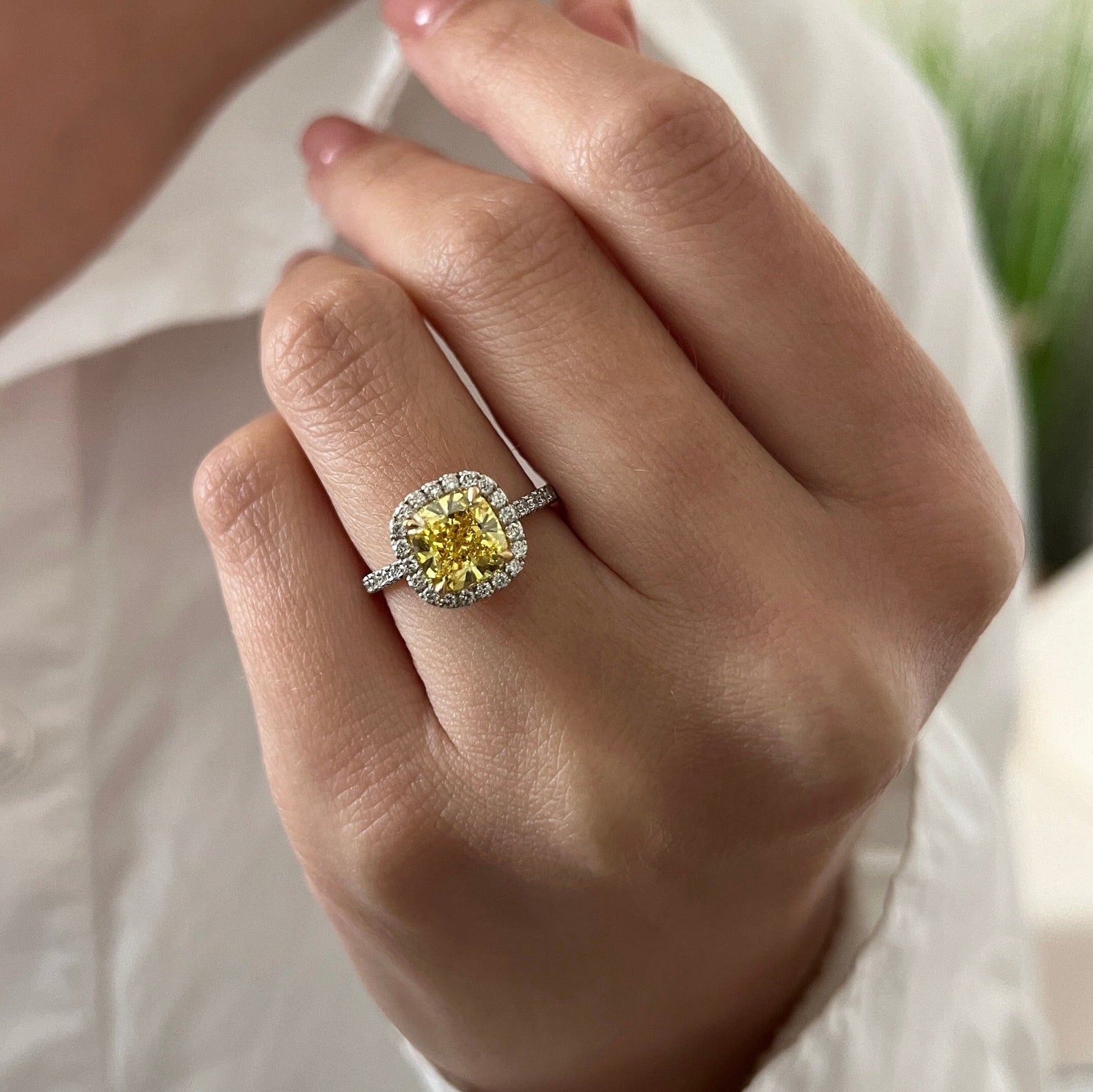 14k gold cushion halo lab grown diamond engagement ring, front view showing fine craftsmanship