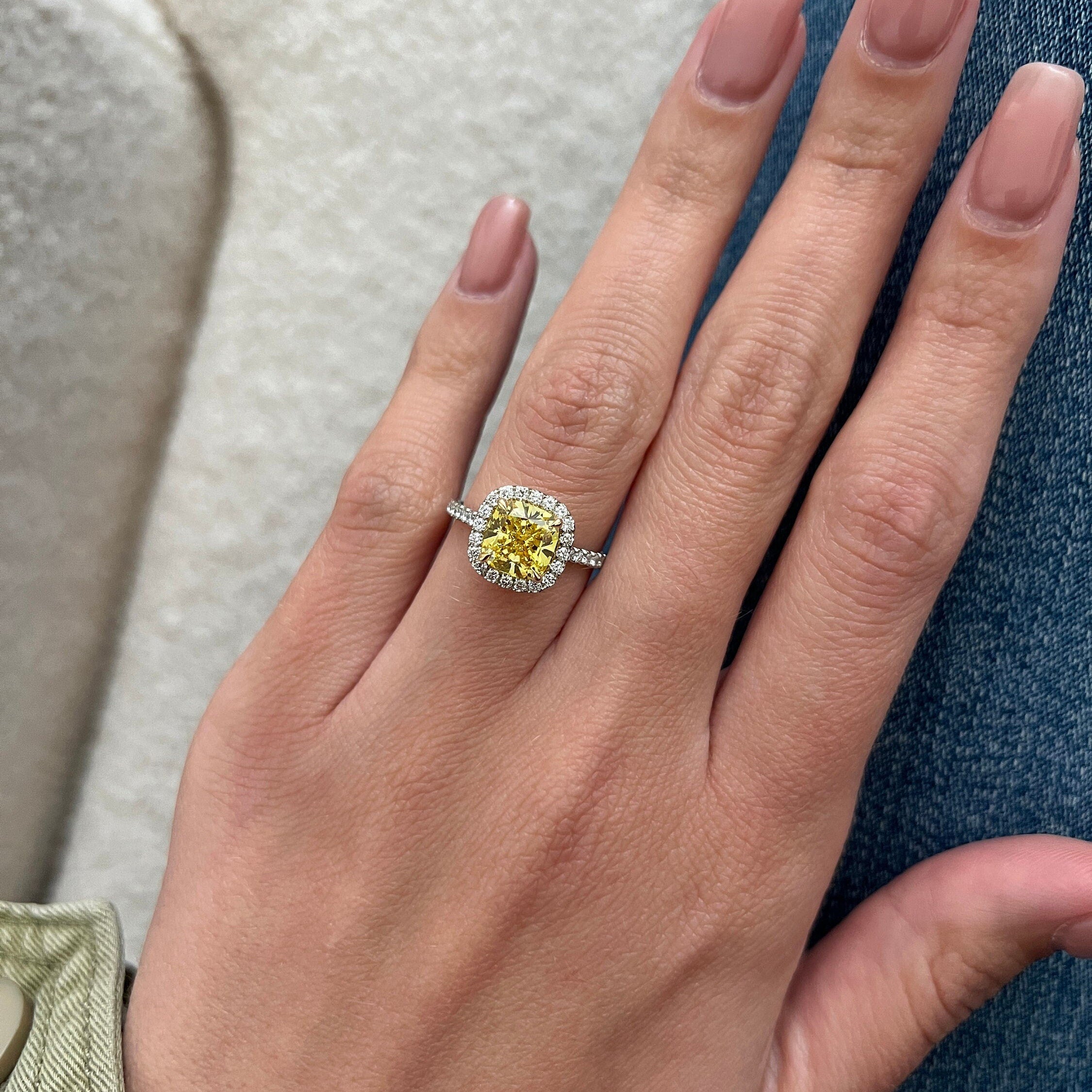 14k gold cushion halo lab grown diamond engagement ring, detailed close-up showing fine craftsmanship