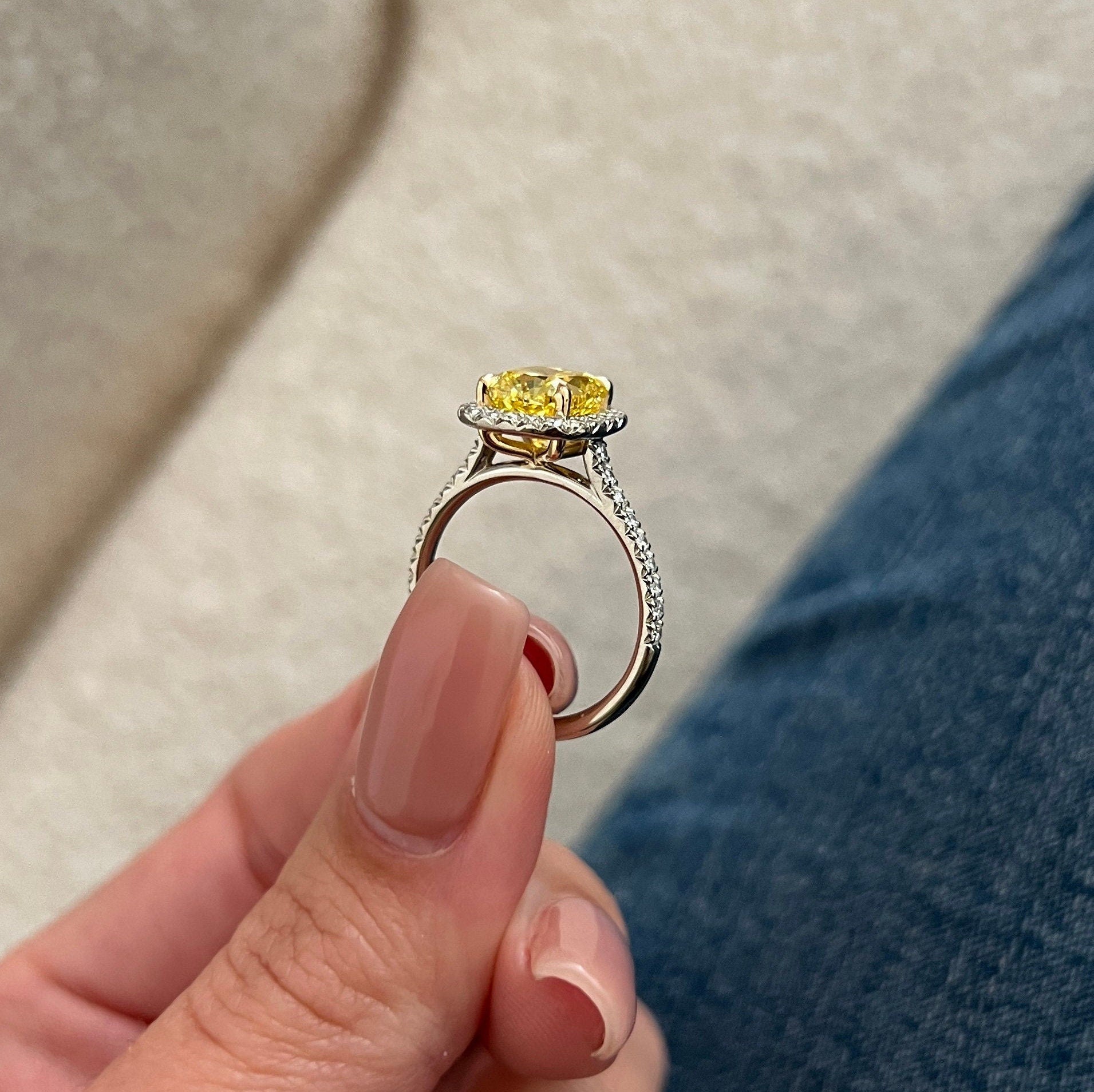 14k gold cushion halo lab grown diamond engagement ring, side profile view showing fine craftsmanship