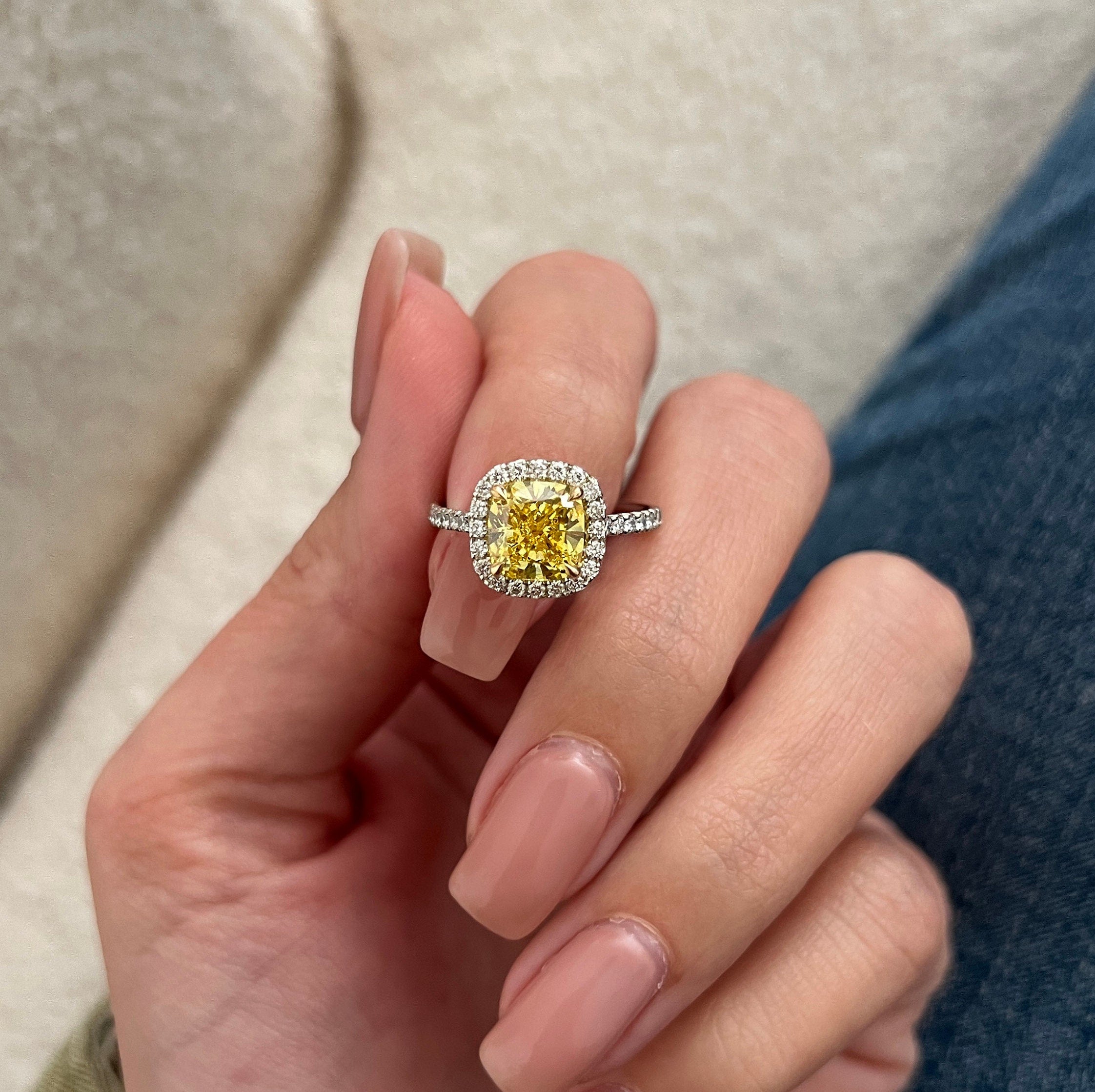 14k gold cushion halo lab grown diamond engagement ring, styled on model showing fine craftsmanship