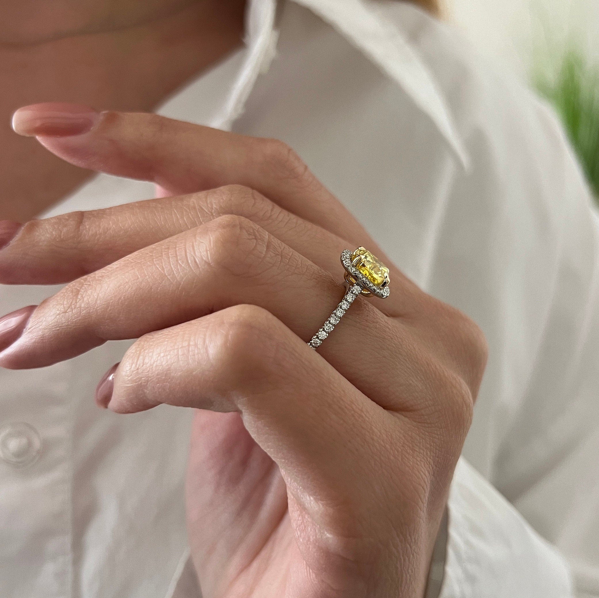 14k gold cushion halo lab grown diamond engagement ring, top angle view showing fine craftsmanship