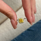 14k gold cushion halo lab grown diamond engagement ring, sparkle detail shot showing fine craftsmanship