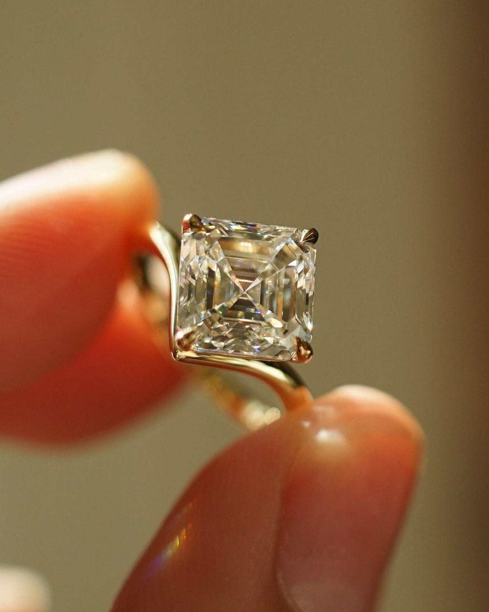14k gold asscher promise lab grown diamond engagement ring, front view showing fine craftsmanship