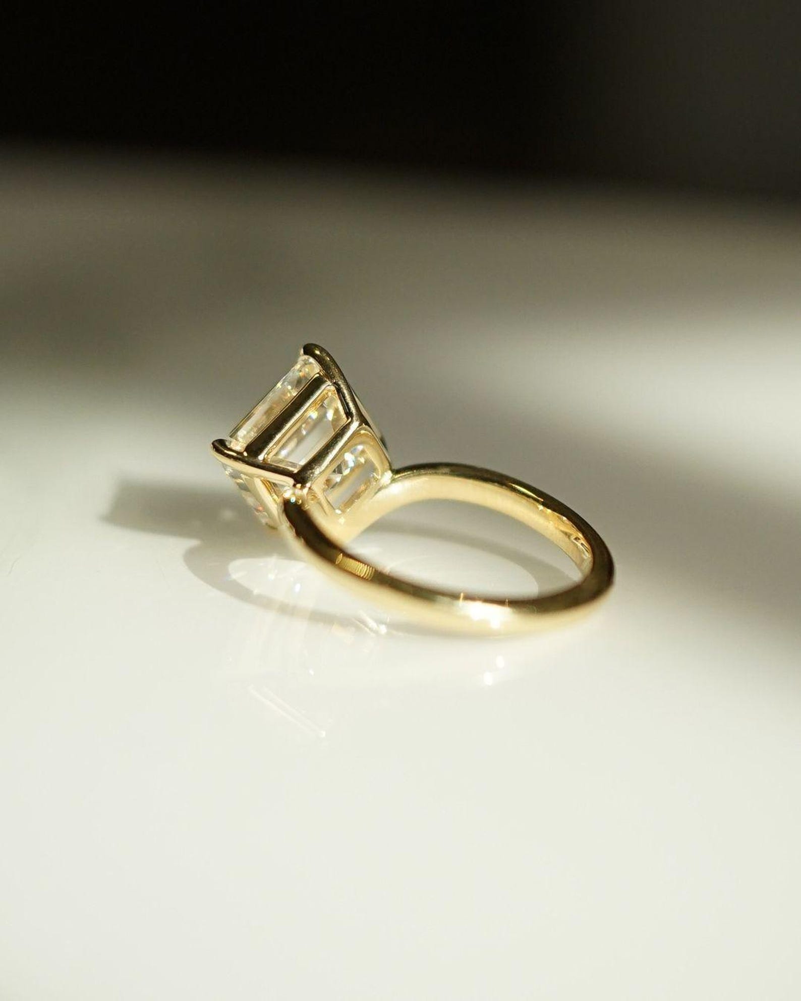 14k gold asscher promise lab grown diamond engagement ring, side profile view showing fine craftsmanship