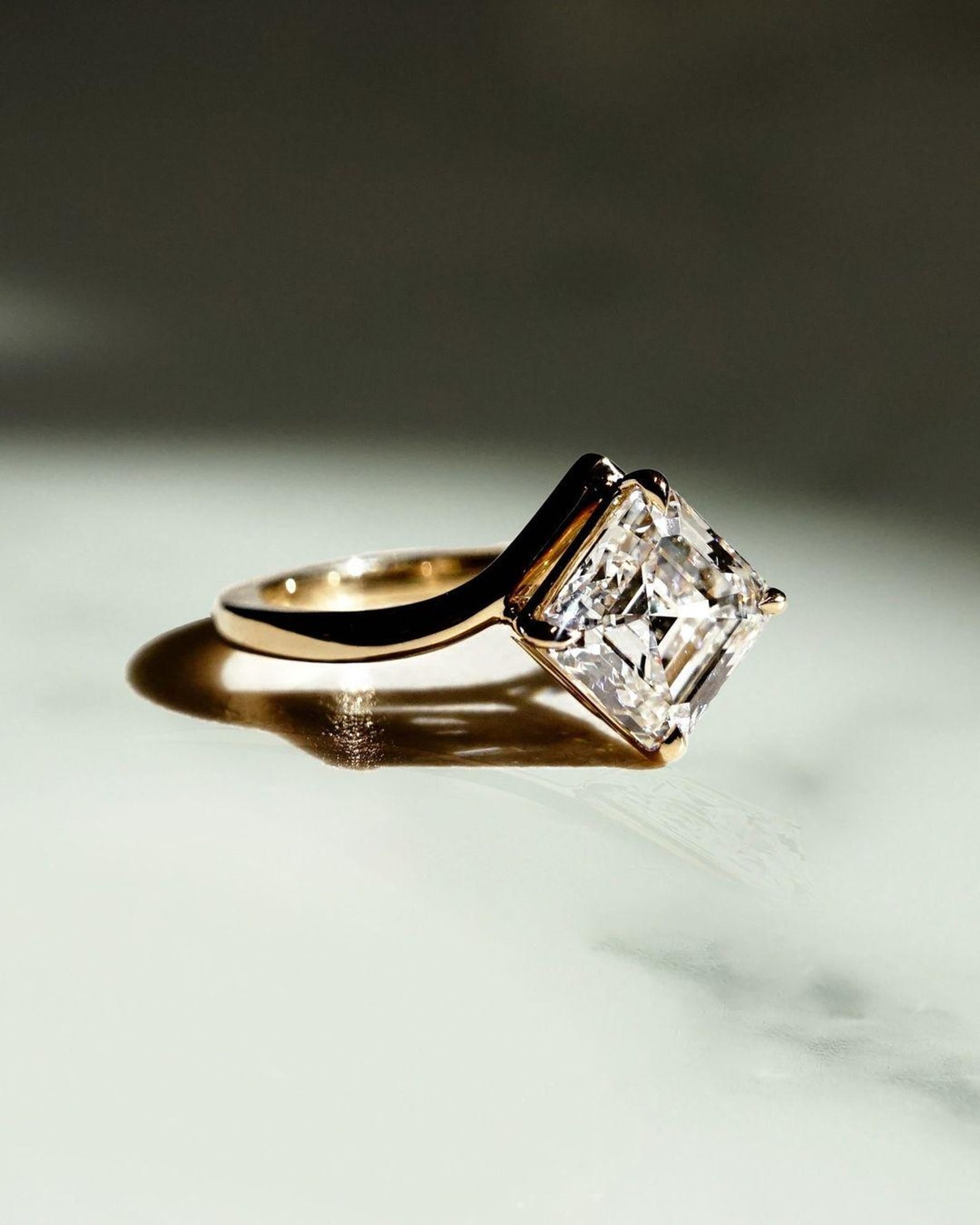 14k gold asscher promise lab grown diamond engagement ring, styled on model showing fine craftsmanship