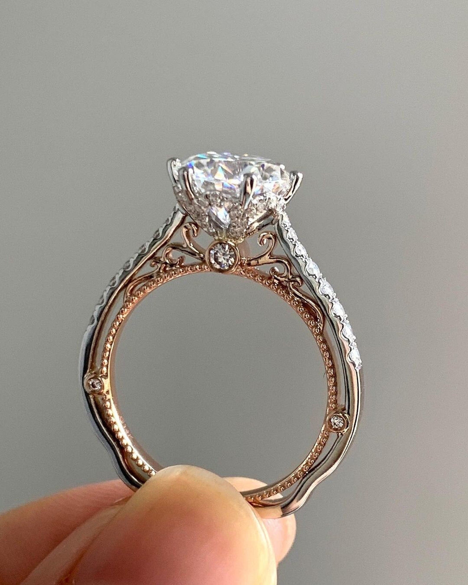 14k gold round vintage lab grown diamond engagement ring, front view showing fine craftsmanship