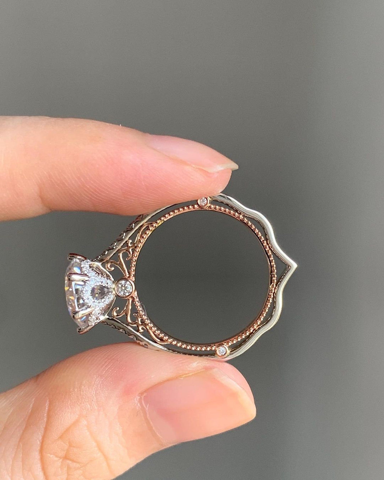 14k gold round vintage lab grown diamond engagement ring, side profile view showing fine craftsmanship