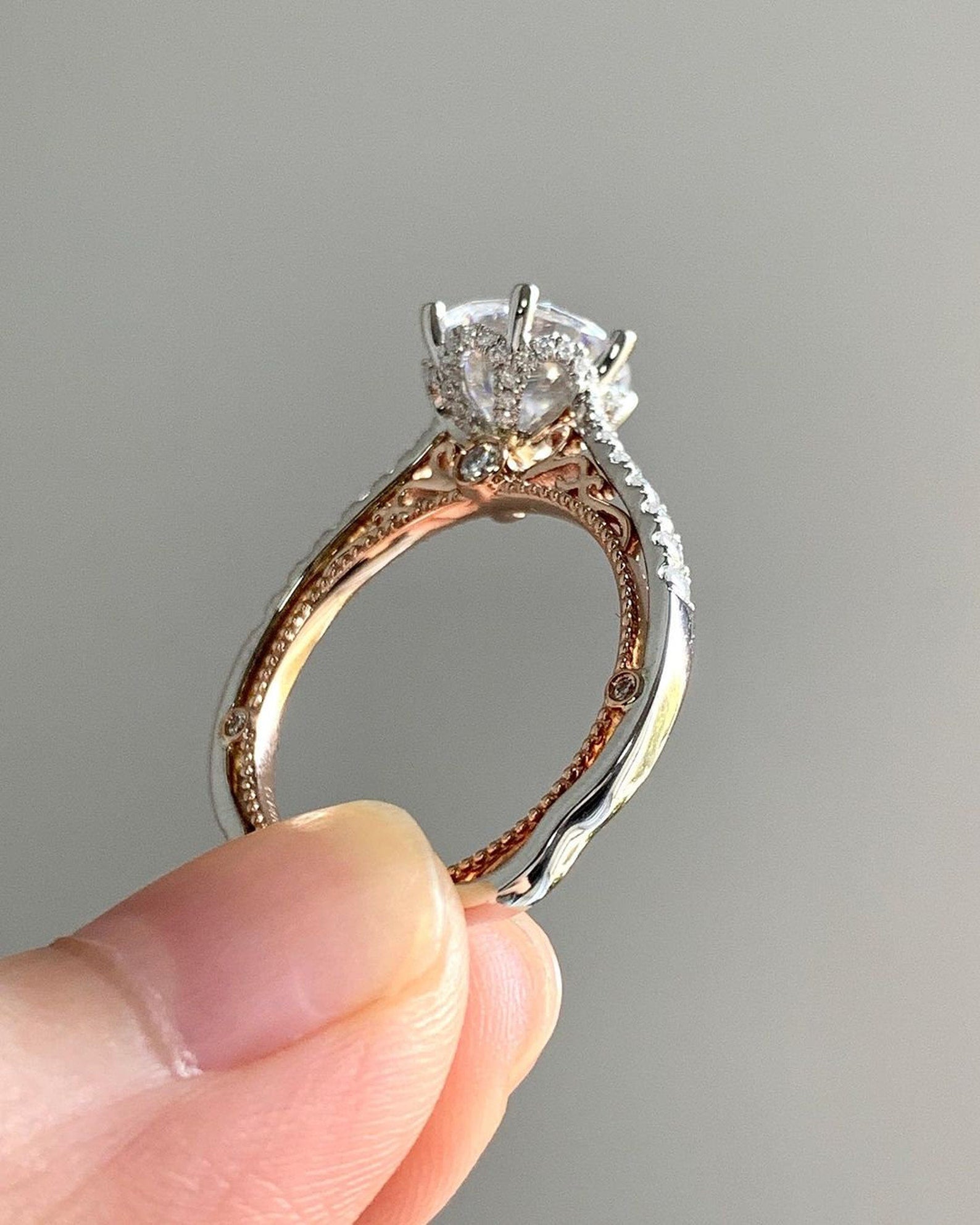 14k gold round vintage lab grown diamond engagement ring, sparkle detail shot showing fine craftsmanship