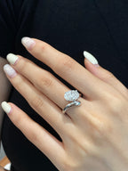 14k gold oval hidden halo lab grown diamond engagement ring, styled on model showing fine craftsmanship