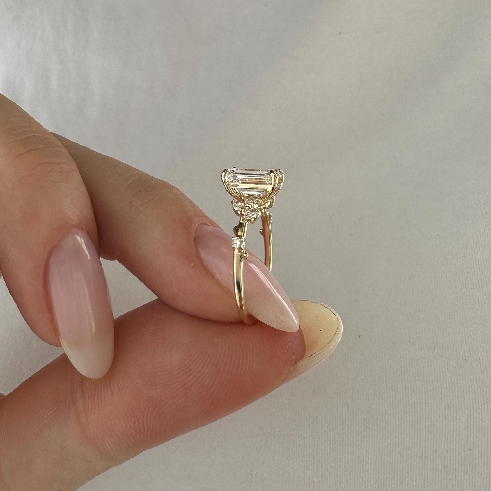 14k gold emerald nature-inspired lab grown diamond engagement ring, top angle view showing fine craftsmanship