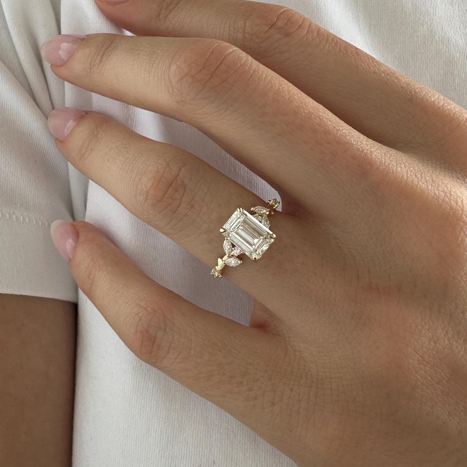 14k gold emerald nature-inspired lab grown diamond engagement ring, sparkle detail shot showing fine craftsmanship