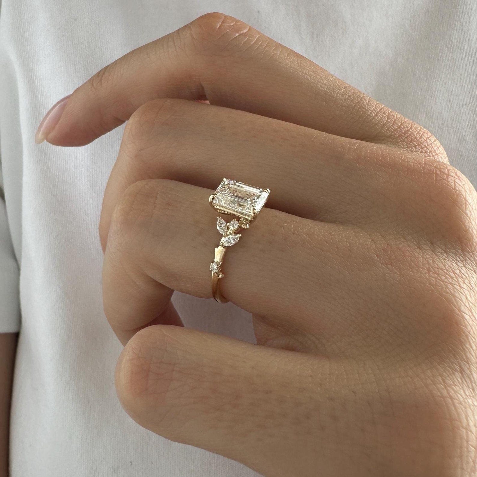 14k gold emerald nature-inspired lab grown diamond engagement ring, three-quarter view showing fine craftsmanship