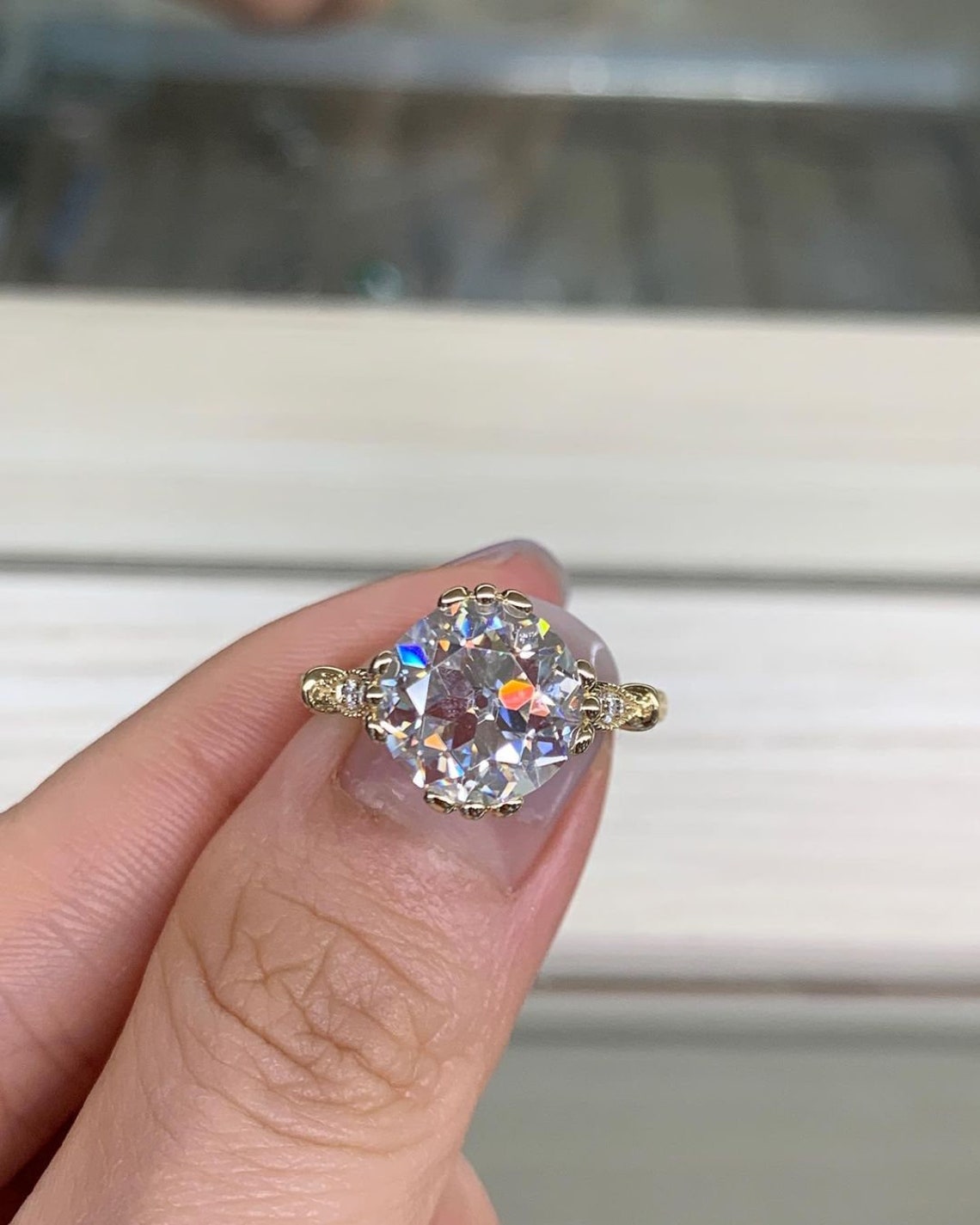 14k gold vintage lab grown diamond engagement ring, detailed close-up showing fine craftsmanship