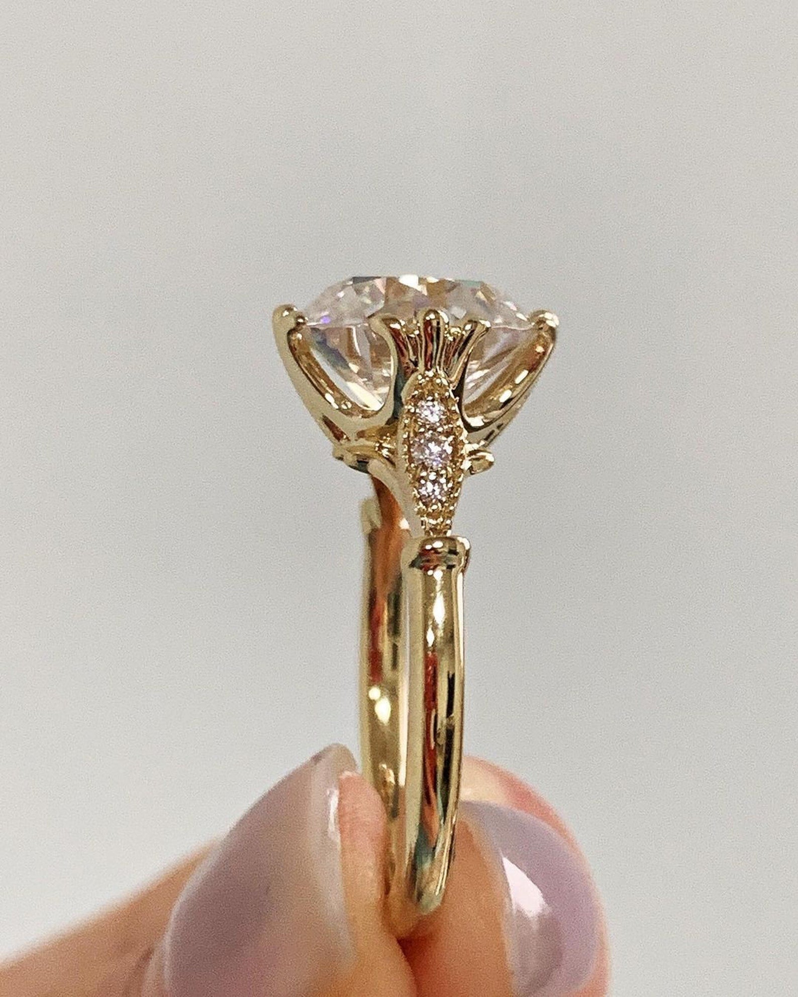 14k gold vintage lab grown diamond engagement ring, styled on model showing fine craftsmanship