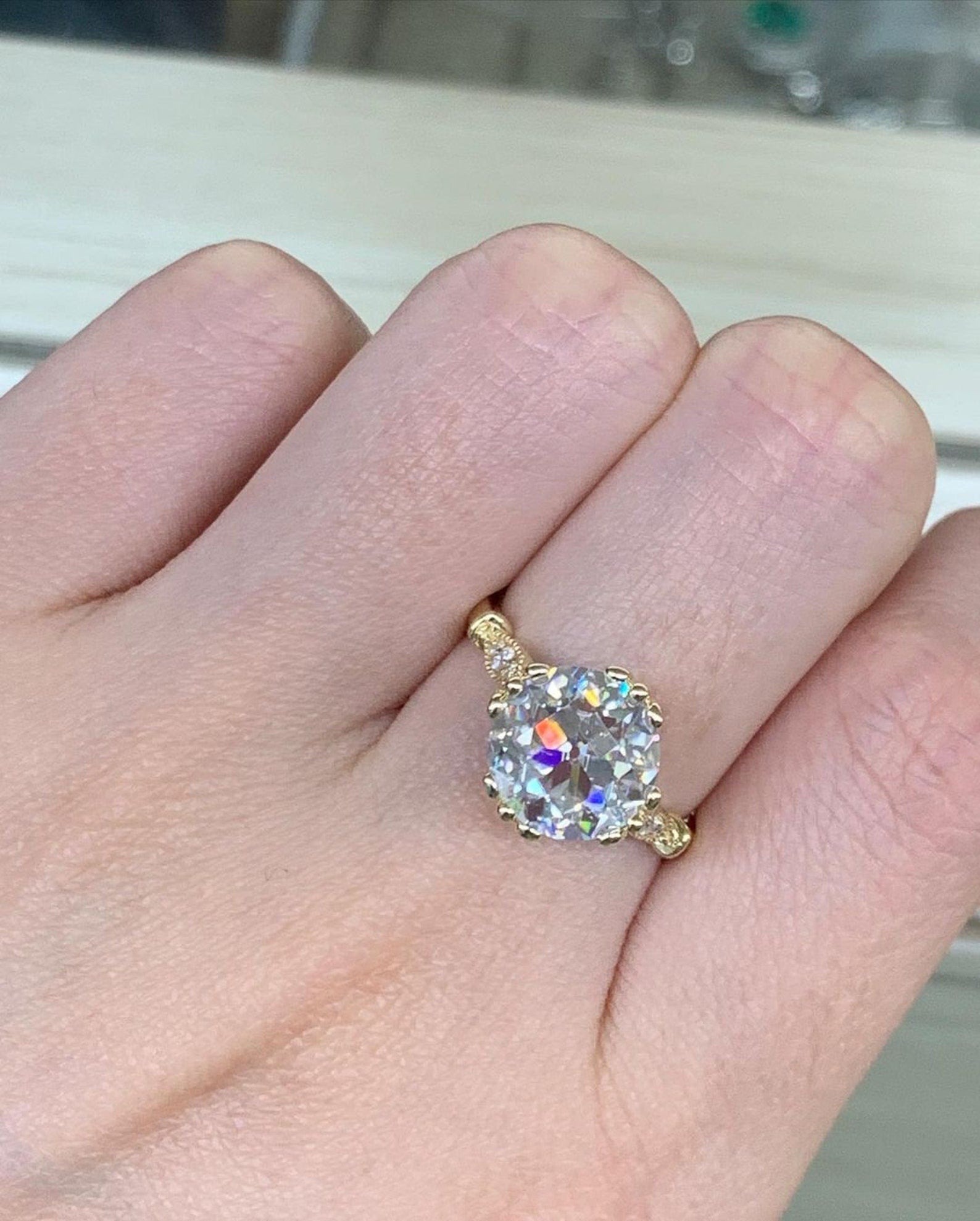 14k gold vintage lab grown diamond engagement ring, top angle view showing fine craftsmanship