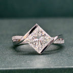 14k gold princess bypass lab grown diamond engagement ring, detailed close-up with brilliant sparkle