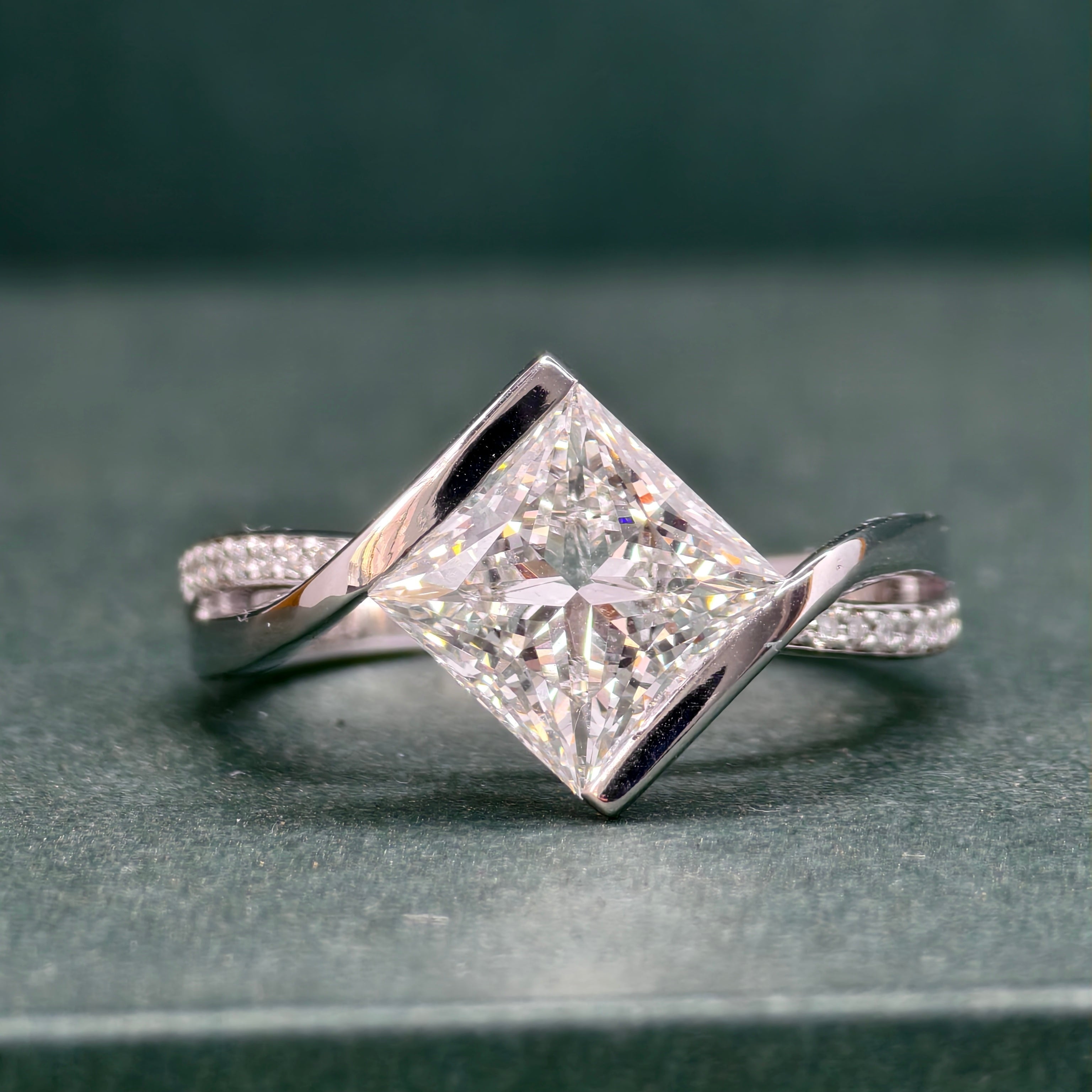 14k gold princess bypass lab grown diamond engagement ring, detailed close-up with brilliant sparkle