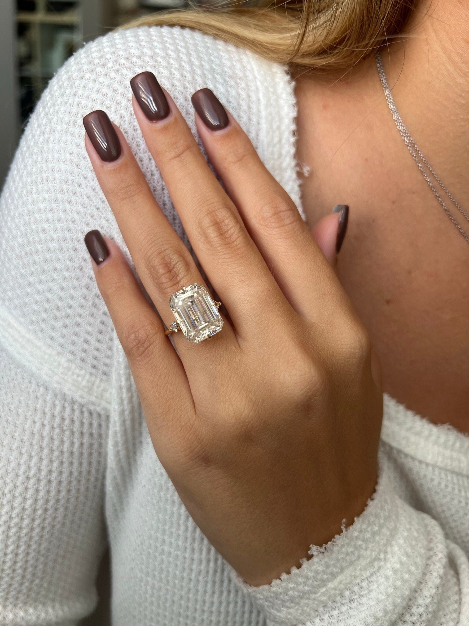 14k gold emerald art deco lab grown diamond engagement ring, detailed close-up showing fine craftsmanship