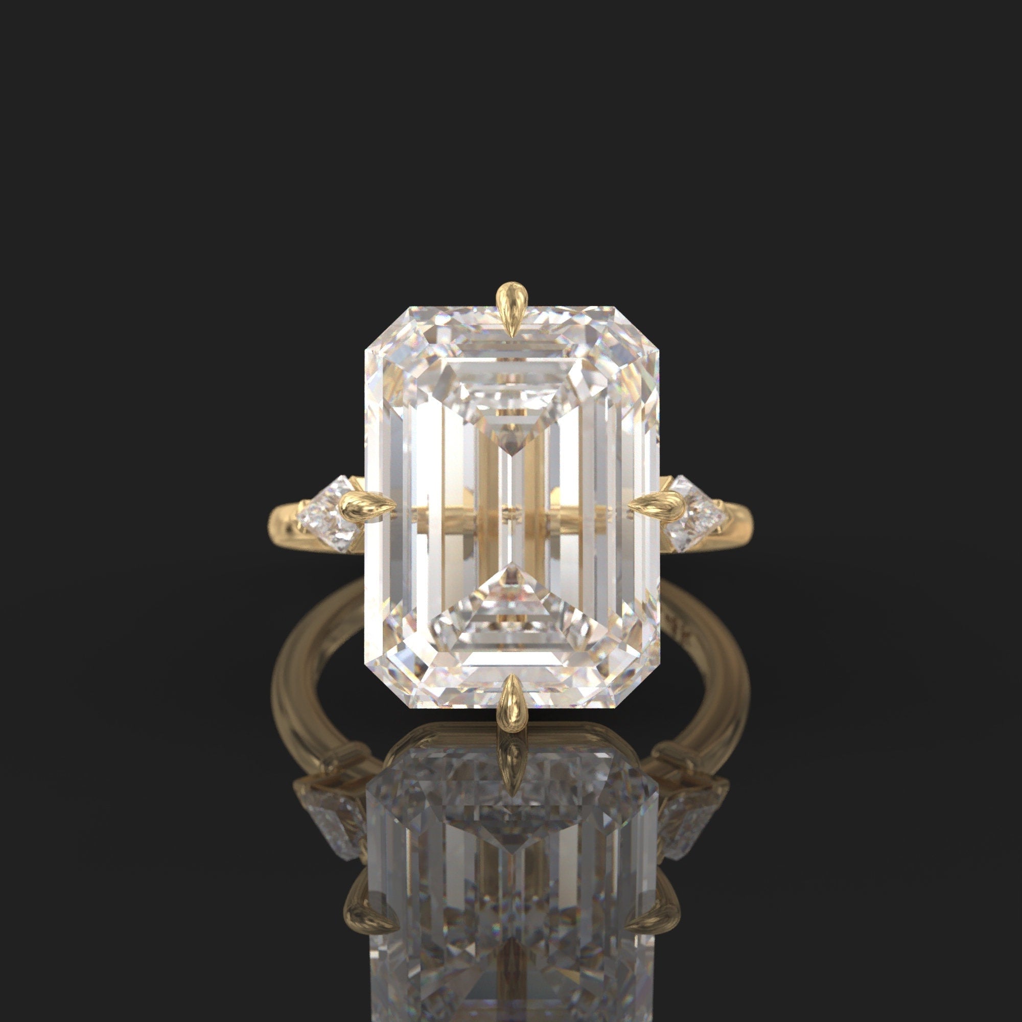 14k gold emerald art deco lab grown diamond engagement ring, side profile view showing fine craftsmanship