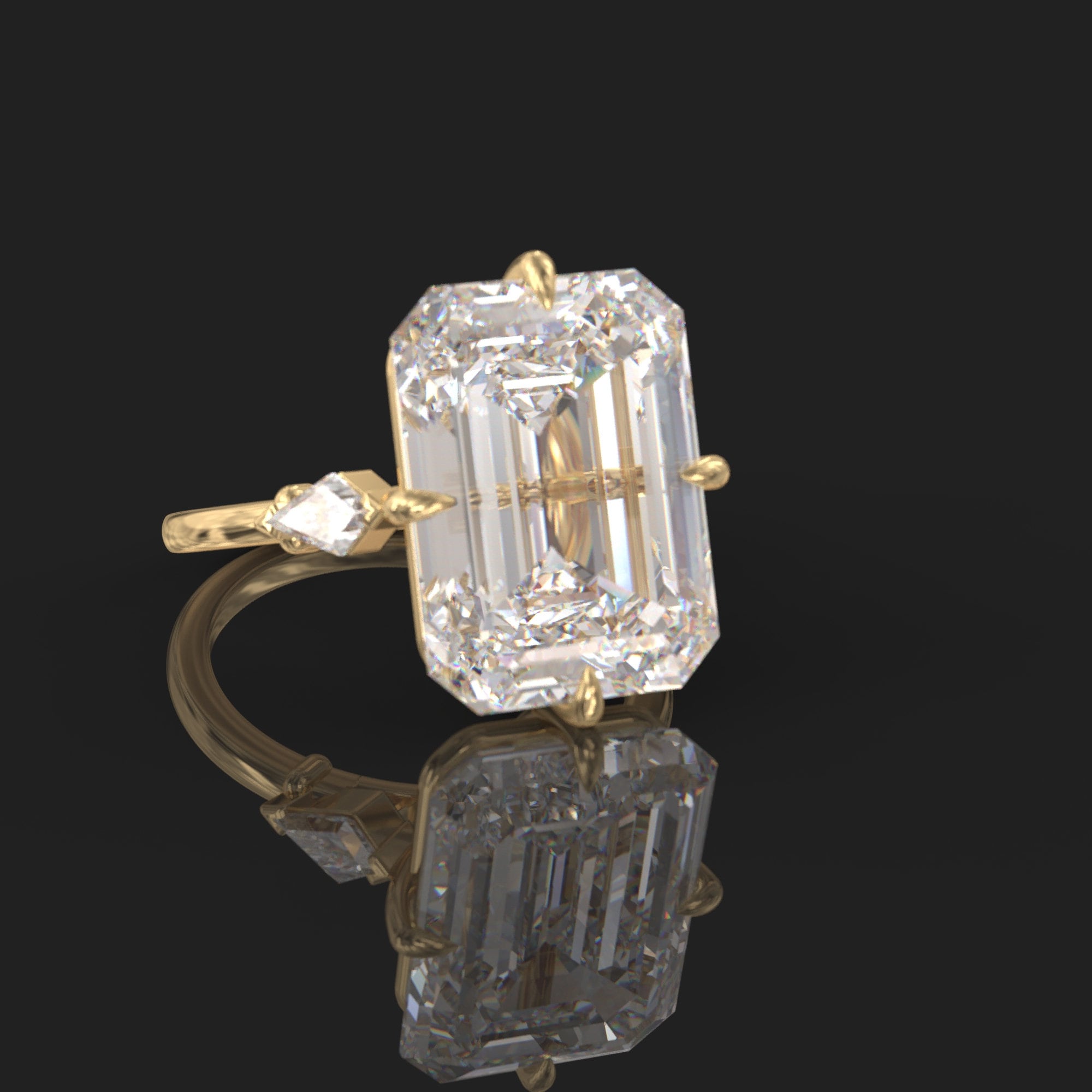 14k gold emerald art deco lab grown diamond engagement ring, three-quarter view showing fine craftsmanship