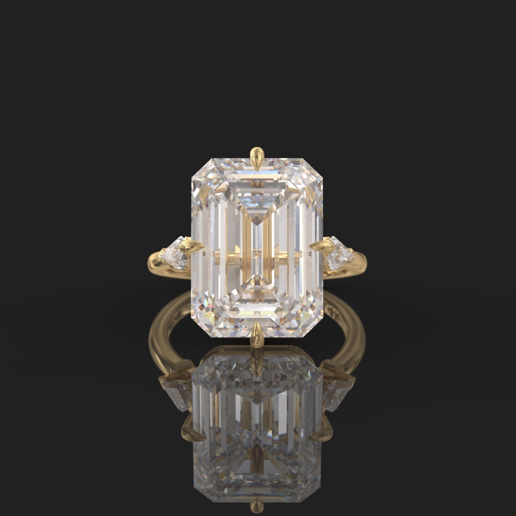 14k gold emerald art deco lab grown diamond engagement ring, macro detail view showing fine craftsmanship