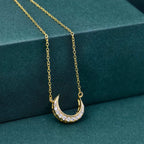 14k gold crescent moon lab grown diamond charm necklace, side profile view showing fine craftsmanship
