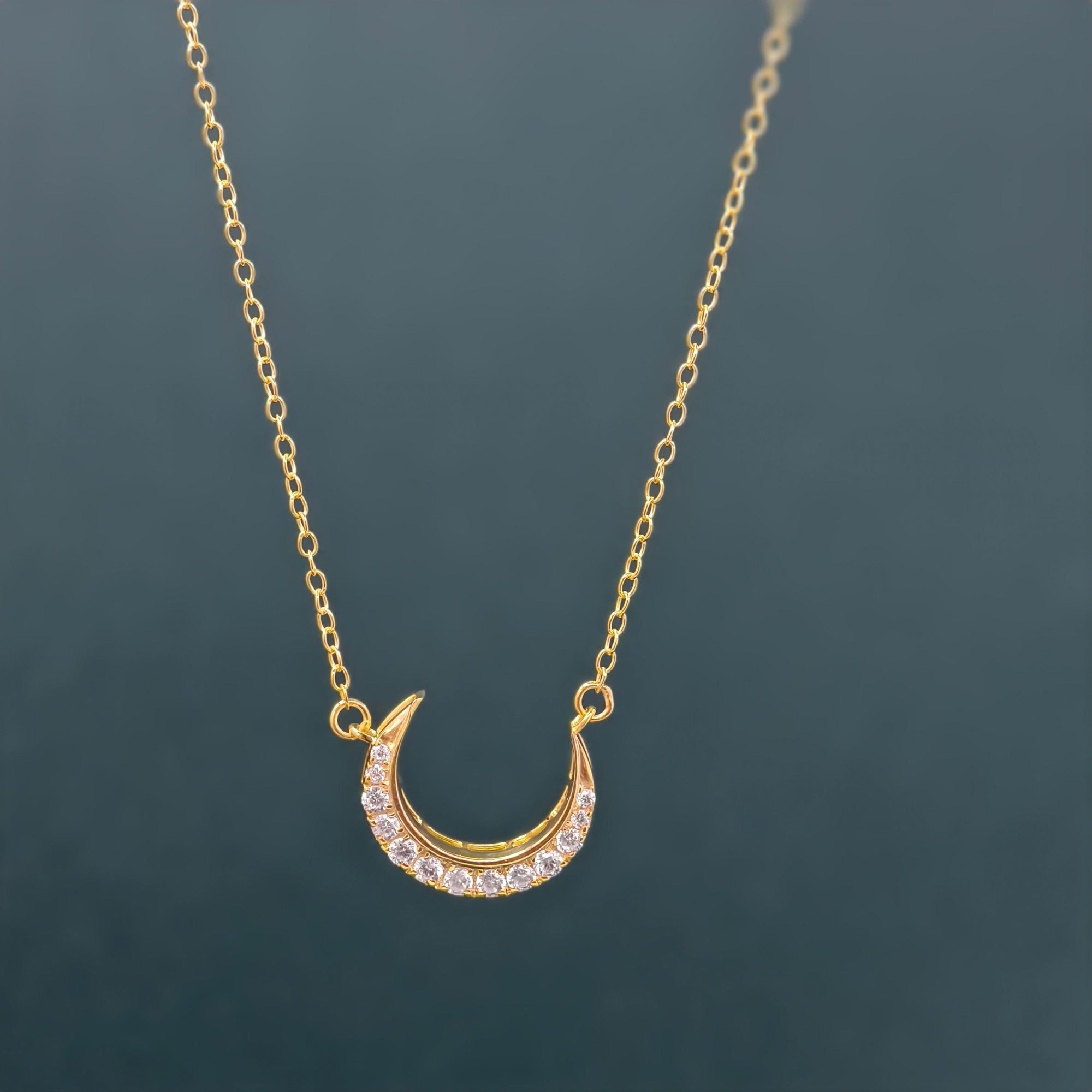 14k gold crescent moon lab grown diamond charm necklace, sparkle detail shot showing fine craftsmanship