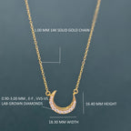 14k gold crescent moon lab grown diamond charm necklace, front view showing fine craftsmanship