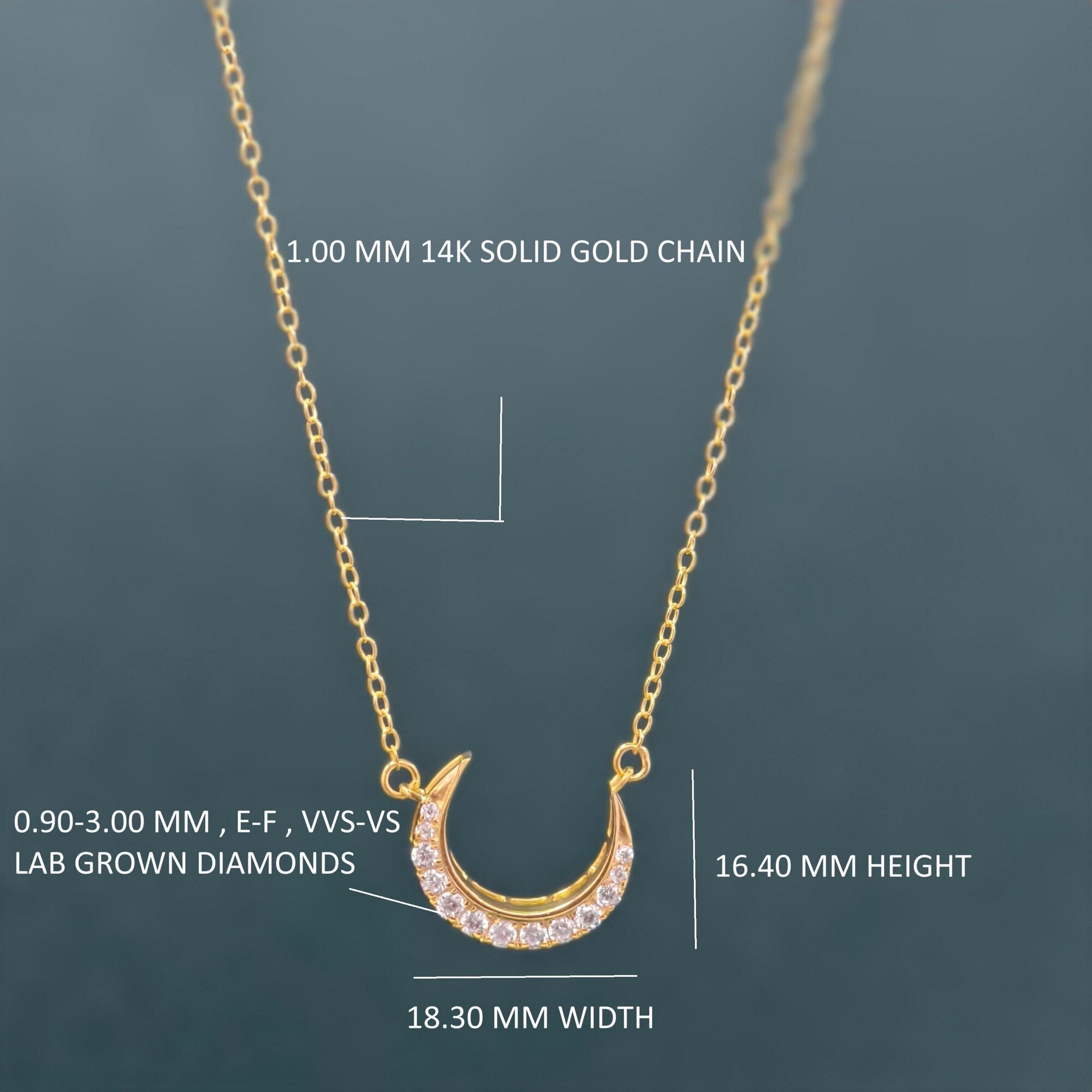 14k gold crescent moon lab grown diamond charm necklace, front view showing fine craftsmanship