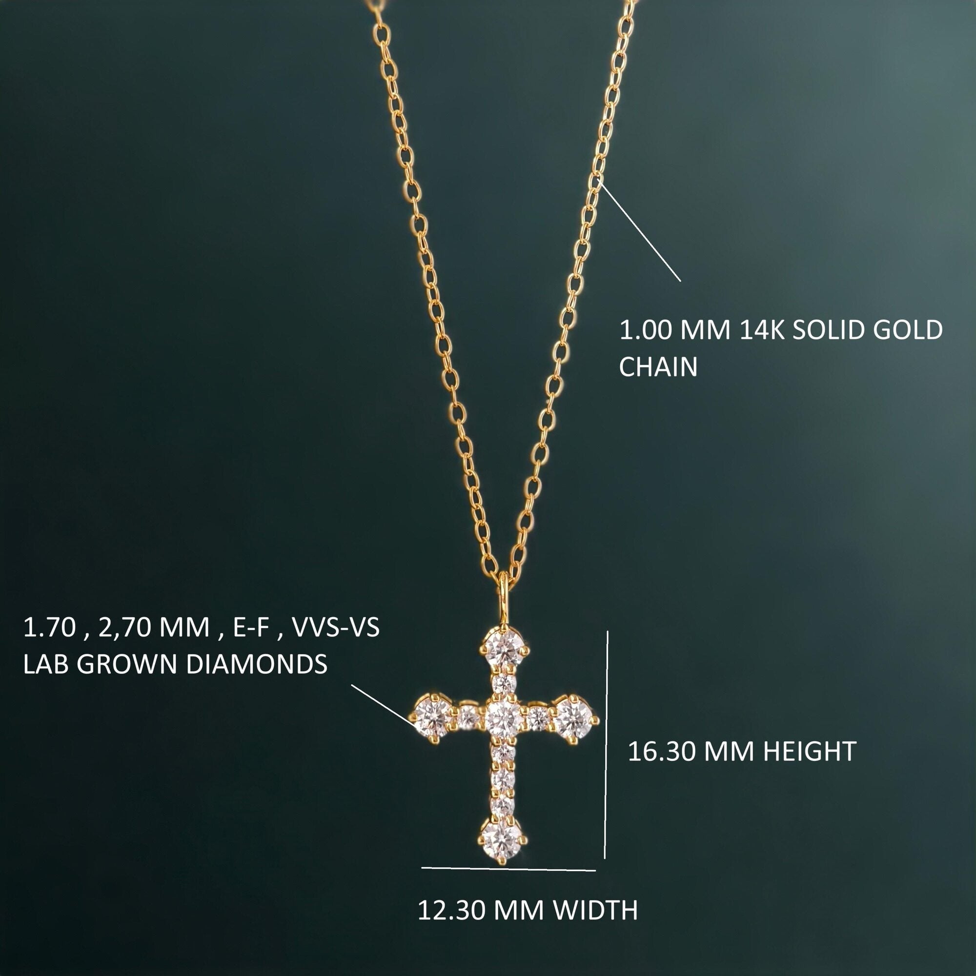 14k gold cross lab grown diamond pendant necklace, front view showing fine craftsmanship